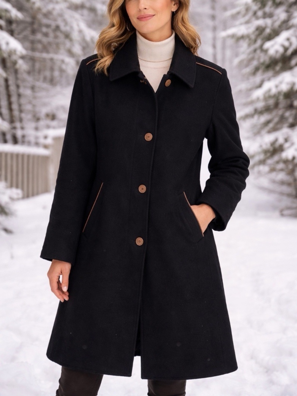 Rare SCHNEIDERS Salzburg Black Leather Button Cashmere Wool Long Overcoat Sz 8